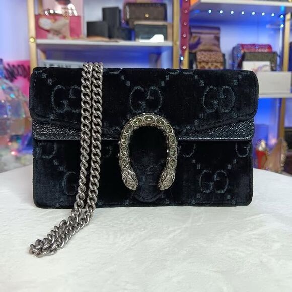 GUCCI Black Velvet GG Monogram Super Mini Dionysus Shoulder Bag - Picture 1 of 16